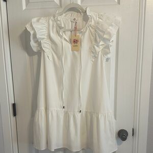 Entro, sweet White Ruffle Dress with Tie Neck